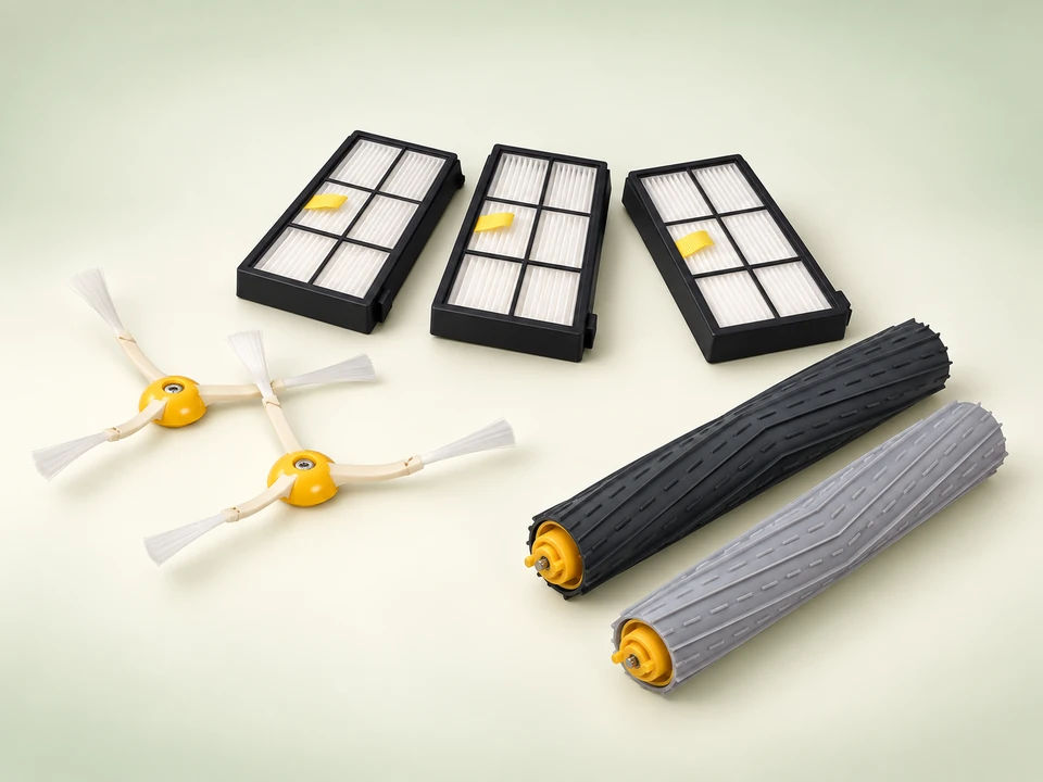 AI-enhanced illustration of a kit with three filters, two side brushes and a pair of extractor rollers